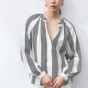 H&M Black and White Balloon Long Sleeve Blouse with Mandarin Collar